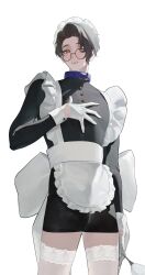 1boy absurdres alternate_costume black_hair blue_lock blush cowboy_shot crossdressing glasses gloves highres holding linus_02202 long_sleeves looking_at_viewer maid maid_headdress male_focus male_maid open_mouth round_eyewear short_hair simple_background solo teeth thighhighs upper_teeth_only white_background white_gloves yukimiya_kenyu
