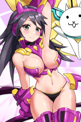 1girl absurdres armor armpits bikini_armor black_hair black_panties blush breasts eyelashes grey_eyes hairband highres isazawa large_breasts navel nyanko_daisensou panties smile stomach thighs thundia_(nyanko_daisensou) underwear