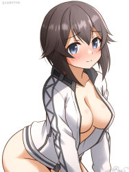 1girl black_hair blue_eyes blush breasts hayasui_(kancolle) jacket kantai_collection large_breasts long_sleeves naked_jacket one-hour_drawing_challenge open_clothes open_jacket ray.s short_hair solo track_jacket white_background white_jacket