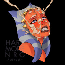 1girl ahsoka_tano alien artist_name black_background blue_eyes colored_skin cum cum_on_body facial hardmode_nrg orange_skin patreon_username simple_background solo star_wars togruta