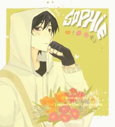 Rule 34 | bag, bags under eyes, black eyes, black gloves, black hair, bouquet, clenched hand, cry of fear, daisy (flower), english text, facial hair, fingerless gloves, flower, gloves, goatee stubble, grey hoodie, hand on own chin, highres, holding, holding bouquet, hood, hood up, hoodie, konicomchiee, looking at viewer, outside border, poppy (flower), short hair, shoulder bag, simon henriksson, stubble, tulip