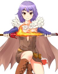 1girl alchemist_(ragnarok_online) belt blue_gloves boots breasts brown_belt brown_boots brown_cape brown_dress brown_eyes cape closed_mouth commentary_request drawing_sword dress elbow_gloves feet_out_of_frame fingerless_gloves fire flaming_sword flaming_weapon flask frown fur_collar gloves highres holding holding_sword holding_weapon kurohachiboku looking_at_viewer medium_breasts potion ragnarok_online round-bottom_flask short_dress short_hair simple_background solo strapless strapless_dress sword weapon white_background