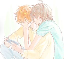 1boy 1girl blue_eyes blue_shirt brown_hair bw5d_p cellphone degrees_of_lewdity green_eyes grey_hair highres holding holding_phone hug hug_from_behind phone robin_(degrees_of_lewdity) robin_(male)_(degrees_of_lewdity) shirt short_hair short_sleeves sitting skye_(bw5d_p) smartphone yellow_shirt