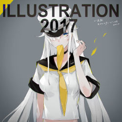 1girl 2017 black_choker black_sailor_collar blue_eyes choker gradient_background grey_background hair_over_one_eye hand_up hat illustration.media long_hair looking_at_viewer midriff neckerchief neco original sailor_collar shadow shirt short_sleeves solo white_hair white_hat white_shirt yellow_neckerchief