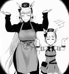 2girls :&lt; =_= absurdres aged_up animal_ears apron bag bow bowtie buttons child closed_eyes commentary contrapposto double-breasted english_commentary gloves gold_ship_(umamusume) greyscale grin hair_bow hands_up hat highres horse_ears horse_girl horse_tail housewife long_hair masoq monochrome mother_and_daughter multiple_girls satchel short_hair smile standing straight_hair tail umamusume very_long_hair