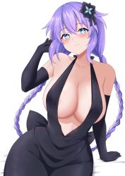 1girl alternate_costume areola_slip arm_support blue_eyes blush braid breasts cleavage curvy dress gloves highres legs long_hair looking_at_viewer neptune_(series) no_bra purple_hair purple_heart_(neptunia) sideboob sitting smile solo thighs twin_braids very_long_hair