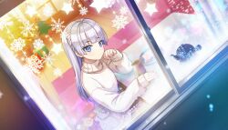 1girl blue_eyes blunt_bangs box braid christmas christmas_lights christmas_ornaments christmas_tree cityscape closed_mouth dolphin_wave dot_mouth game_cg gift gift_box green_tea highres hime_cut indoors long_hair looking_outside merry_christmas non-web_source official_art ootomo_takuji purple_hair schnee_weissberg single_braid sitting solo table tea teapot window