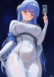 1girl arcana_(nikke) blue_eyes blue_hair blush breasts cameltoe card commentary_request covered_erect_nipples covered_navel dress earrings goddess_of_victory:_nikke highres holding holding_card iino_(isnyong) jewelry large_breasts long_hair looking_at_viewer night night_sky ring sky solo star_(sky) starry_sky sweatdrop tarot tarot_card very_long_hair white_dress zipper_dress