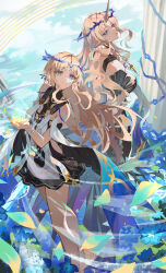 2girls absurdres bare_legs bare_shoulders black_collar black_dress blonde_hair blue_eyes breasts cartethyia_(wuthering_waves) collar commentary crown_of_thorns dress dual_persona earrings fleurdelys_(wuthering_waves) highres horns hyonee jewelry large_breasts legs long_hair multiple_girls necklace parted_bangs parted_lips pointy_ears sidelocks single_horn tabard tacet_mark_(wuthering_waves) very_long_hair white_tabard wuthering_waves yellow_horns