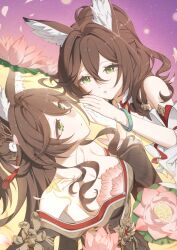 2girls animal_ears brown_hair chyanu flower fugue_(honkai:_star_rail) green_eyes hair_between_eyes honkai:_star_rail honkai_(series) long_hair looking_at_viewer multiple_girls smile tingyun_(harmony)_(honkai:_star_rail) tingyun_(honkai:_star_rail)