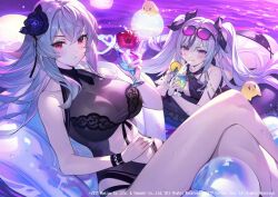 2girls azur_lane bare_shoulders beach bikini black_bikini black_bow black_flower bow breasts cleavage closed_mouth covered_navel crossed_bangs crossed_legs cup elbe_(azur_lane) eyewear_on_head flower graf_zeppelin_(azur_lane) graf_zeppelin_(beachside_urd)_(azur_lane) grey_hair hair_bow hair_flower hair_ornament holding holding_cup innertube large_breasts long_hair looking_at_viewer manjuu_(azur_lane) medium_hair multicolored_eyes multiple_girls noir_eku official_alternate_costume official_art outdoors parted_lips red_eyes sidelocks sitting swim_ring swimsuit twintails