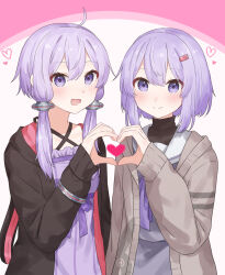 2girls :d a.i._voice ahoge arm_at_side black_jacket black_undershirt blush bob_cut breasts brown_cardigan cardigan closed_mouth criss-cross_halter double-parted_bangs dress grey_dress hair_between_eyes hair_ornament halterneck hand_up heart heart_hands heart_hands_duo heart_in_heart_hands highres hood hood_down hooded_jacket jacket kirima_(zs_at_) long_sleeves looking_at_viewer multiple_girls open_cardigan open_clothes open_jacket open_mouth pink_background puffy_long_sleeves puffy_sleeves purple_dress purple_eyes purple_hair ribbed_dress sailor_collar short_hair short_hair_with_long_locks sidelocks simple_background sleeves_past_wrists small_breasts smile time_paradox two-sided_fabric two-sided_jacket two-tone_background undershirt upper_body vocaloid voiceroid white_background white_sailor_collar yuzuki_yukari yuzuki_yukari_(shizuku)