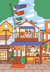 1boy 1other architecture artist_name awning baby_animal bird building cat chair chick city commentary daruma_doll doll east_asian_architecture english_commentary food frog_boy fruit highres koinobori lantern market niniwanted orange_(fruit) original paper_lantern plant potted_plant power_lines railing shop shouji sign sliding_doors smile solid_circle_eyes spring_onion stool talisman toon_(style) towel utility_pole windsock
