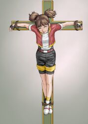 1girl absurdres aizak aqua_eyes belt belt_buckle black_gloves black_shorts blunt_bangs brown_belt brown_hair buckle commentary_request cropped_jacket cross crucifixion crying eyelashes fingerless_gloves frown full_body gloves highres jacket kate_(pokemon) knees nintendo open_clothes open_jacket outstretched_arms pokemon pokemon_ranger:_shadows_of_almia pokemon_ranger_(series) red_jacket rope sad shirt shoes short_sleeves short_twintails shorts socks solo tears twintails white_shirt white_shoes yellow_socks