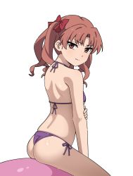1girl absurdres ass back ball bare_shoulders bikini blush bow breasts brown_eyes clenched_teeth cowboy_shot exercise_ball female_focus flipped_hair from_behind furrowed_brow hair_bow hair_ornament halterneck hand_on_own_elbow highres light_brown_hair long_hair looking_at_viewer looking_back micro_bikini parted_bangs parted_lips purple_bikini red_bow shirai_kuroko side-tie_bottom sideboob simple_background sitting skindentation sleepy_frippy small_breasts solo sweatdrop swimsuit teeth thighs toaru_kagaku_no_railgun toaru_majutsu_no_index tsurime twintails wavy_hair white_background