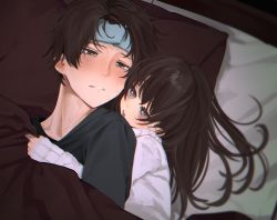 1boy 1girl age_difference blush brother_and_sister child cold_pack highres honnryou_hanaru long_hair long_sleeves lying messy_hair original parted_lips siblings sick sleeves_past_wrists sweat sweater under_covers