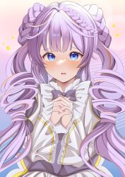 1girl absurdres blue_eyes blush bow braid corset double_bun dress duel_monster frilled_dress frilled_sleeves frills hair_bun highres holding_hands lafremi long_hair long_sleeves looking_at_viewer open_mouth purple_bow purple_hair selettrice_vaalmonica sheet_music solo twin_braids white_dress yu-gi-oh!
