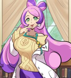 Rule 34 | 1girl, absurdres, blush, breasts, coat, collarbone, earrings, flower earrings, green eyes, highres, jewelry, lab coat, large breasts, long hair, long sleeves, miriam (pokemon), missandydandy, multicolored hair, nail polish, nintendo, off-shoulder sweater, off shoulder, open clothes, open coat, open mouth, pencil skirt, pink hair, pokemon, pokemon sv, purple hair, school nurse, skirt, smile, solo, streaked hair, striped clothes, striped skirt, sweater, swept bangs