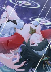 1girl absurdres ashimi_fugo astra_yao black_hair blunt_sidelocks breasts cleavage dress hairband highres jewelry large_breasts looking_at_viewer lying necklace on_back pearl_necklace red_eyes red_shrug ring_hair_ornament sidelocks smile thigh_beads uneven_bangs white_dress white_hairband zenless_zone_zero