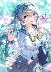 1girl absurdres akusamu bag blush bow bowtie breasts firefly_(honkai:_star_rail) grey_hair hair_between_eyes hairband highres honkai:_star_rail honkai_(series) long_hair looking_at_viewer open_mouth school_bag shirt skirt solo white_shirt