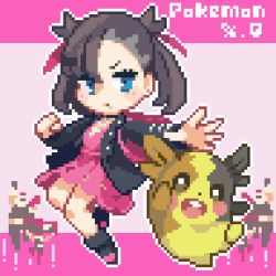 asymmetrical_bangs backpack bag black_choker black_hair black_jacket blue_eyes boots choker dress earrings gen_8_pokemon hair_ribbon jacket jewelry lowres marnie_(pokemon) medium_hair morpeko morpeko_(full) nintendo open_clothes open_jacket oyuzaki_(ayuzaki) pink_dress pixel_art pokemon pokemon_(creature) pokemon_swsh ribbon team_yell team_yell_grunt twintails