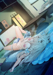 1girl after_female_ejaculation after_masturbation aqua_ribbon blonde_hair bow bread breasts clothes_lift excessive_pussy_juice female_ejaculation food fumihiko_(fu_mihi_ko) hair_bow hair_ornament hair_ribbon hair_spread_out highres hololive kazama_iroha kazama_iroha_(street) long_hair medium_breasts messy_hair multiple_hair_bows nipples no_bra official_alternate_costume on_floor pussy_juice pussy_juice_puddle pussy_juice_stain ribbon shiny_skin shorts shorts_around_one_leg solo thigh_strap virtual_youtuber wet
