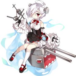 1girl ahoge asymmetrical_legwear azur_lane bare_shoulders belt belt_buckle black_belt black_ribbon black_skirt blue_fire blush breasts buckle closed_mouth detached_sleeves eyebrows eyelashes facing_away female_focus fire frilled_sleeves frills full_body hair_between_eyes hair_over_one_eye heart kneehighs knees_together_feet_apart long_sleeves machinery mary_janes medium_breasts miniskirt official_art red_eyes red_ribbon red_shoes ribbon saru screw ship_turret shirt shoes short_hair sitting skirt sleeveless sleeveless_shirt sleeves_past_wrists slit_pupils socks solo stitches terror_(azur_lane) transparent_background uneven_legwear white_hair white_shirt white_socks