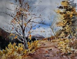 Rule 34 | 2others, akemisuisai, autumn, bare tree, blue sky, bush, cloud, cloudy sky, day, fence post, grass, highres, hill, mountain, mountainous horizon, multiple others, original, painting (medium), path, road, rope fence, scenery, sky, traditional media, tree, watercolor (medium)