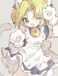 1girl akoto_(akoto0228) animal_ears apron back_bow bell blue_bow blue_dress bow cat_ears cat_girl cat_tail chromatic_aberration cowboy_shot dejiko di_gi_charat dress green_eyes green_hair hair_bell hair_bow hair_ornament hands_up highres jingle_bell mittens neck_bell no_nose one_eye_closed open_mouth parted_bangs petticoat puffy_short_sleeves puffy_sleeves short_hair short_sleeves smile solo tail white_apron white_bow white_mittens