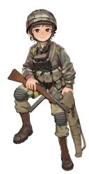 1girl absurdres ammunition_pouch beretta_model_38 binoculars boots brown_boots brown_eyes brown_hair camouflage camouflage_headwear camouflage_jacket combat_boots combat_helmet full_body gun helmet highres holding holding_gun holding_weapon italian_army italian_commentary italy jacket knee_pads korean_commentary lace-up_boots load_bearing_equipment long_sleeves looking_at_viewer magazine_(weapon) military military_combat_uniform military_fatigues military_uniform mixed-language_commentary original pants paratrooper pouch rifleman1130 short_hair simple_background sitting smile soldier solo submachine_gun teeth weapon white_background world_war_ii