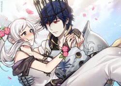 Rule 34 | 1boy, 1girl, arms around neck, bare arms, bare shoulders, blue eyes, blue hair, blush, bracelet, breasts, brown eyes, capelet, carrying, chrom (fell exalt) (fire emblem), chrom (fire emblem), cleavage, collarbone, couple, day, dress, embarrassed, expressionless, eyelashes, falling petals, female focus, female robin (fire emblem), female robin (valentine) (fire emblem), fingerless gloves, fire emblem, fire emblem awakening, fire emblem heroes, floating hair, flower, flower bracelet, gloves, hair flower, hair ornament, halterneck, hiomaika, jewelry, long dress, long hair, looking at another, matching hair/eyes, medium breasts, mermaid dress, neck, nintendo, off shoulder, official alternate costume, outdoors, pale skin, petals, princess carry, rope belt, sidelocks, sleeveless, sleeveless dress, spaghetti strap, swept bangs, tight clothes, tight dress, twintails, wavy mouth, white hair