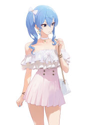 Rule 34 | 1girl, absurdres, alternate costume, asymmetrical sidelocks, bag, bare shoulders, blue eyes, blue hair, blue nails, bracelet, choker, closed mouth, commentary, cowboy shot, double-parted bangs, earrings, english commentary, frilled shirt collar, frills, hair between eyes, hand up, handbag, high-waist skirt, highres, hololive, hoshimachi suisei, jewelry, miniskirt, nail polish, off-shoulder shirt, off shoulder, pendant choker, pink skirt, pleated skirt, serelith, shirt, side ponytail, skirt, solo, star (symbol), star earrings, star in eye, star pendant, symbol in eye, thighs, virtual youtuber, white bag, white choker