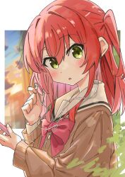 bocchi_the_rock! brown_shirt cellphone earphones green_eyes headphones highres holding holding_phone kita_ikuyo long_hair looking_at_viewer phone red_hair school_uniform shinshin_(ssnsn_oekaki) shirt smartphone smartphone_case