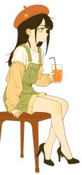 1girl beret black_hair cup drink expressionless flat_chest full_body hat high_heels highres holding holding_cup kingrun long_hair original red_eyes shorts sitting solo suspender_shorts suspenders