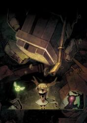 1girl antlers artist_request blonde_hair bug commentary_request debris dress firefly full_body green_eyes horns hotaru_(htol#niq) htol#niq:_hotaru_no_nikki industrial_pipe insect long_hair mion_(htol#niq) official_art ruins solo very_long_hair white_dress