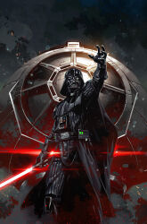 1boy arm_up armor black_armor black_cape black_gloves black_helmet black_pants cape darth_vader energy_sword gloves helmet highres holding holding_sword holding_weapon kael_ngu lightsaber pants red_lightsaber solo star_wars sword weapon