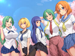5girls black_pantyhose black_sailor_collar black_skirt blonde_hair blue_eyes blue_hair blue_neckerchief blue_skirt blue_sky cherry_blossoms collared_shirt day furude_rika green_eyes green_hair higurashi_no_naku_koro_ni higurashi_no_naku_koro_ni_gou houjou_satoko long_hair looking_at_viewer multiple_girls neckerchief necktie ocza orange_hair outdoors panties pantyhose purple_eyes red_necktie red_skirt ryuuguu_rena sailor_collar school_uniform serafuku shirt short_hair siblings sisters skirt sky sonozaki_mion sonozaki_shion striped_neckerchief twins underwear white_panties white_shirt yellow_neckerchief