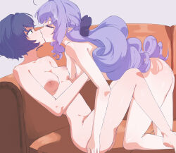 2girls belle_(zenless_zone_zero) blue_hair braid breasts closed_eyes commentary_request completely_nude couch grey_background half_up_braid highres kiss long_hair medium_breasts mole mole_under_eye multiple_girls nipples nude on_couch pointy_ears purple_hair short_hair simple_background vivian_banshee yuri yuriyurisuki zenless_zone_zero