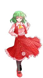 1girl ascot black_pantyhose dairi frilled_skirt frills full_body green_hair hand_on_own_hip highres kazami_yuuka pantyhose plaid_clothes plaid_skirt plaid_vest red_shoes red_skirt red_vest shirt shoes short_hair skirt solo tachi-e touhou transparent_background vest white_shirt yellow_ascot