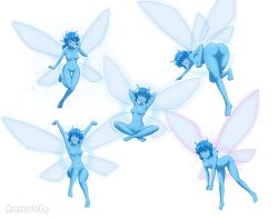 &gt;_&lt; 1girl arms_up ass bent_over blue_hair blue_skin breasts canadiananiguy colored_skin fairy_wings glowing highres indian_style medium_breasts navel navi nintendo nude personification pointing simple_background sitting smile stomach the_legend_of_zelda the_legend_of_zelda:_ocarina_of_time wings
