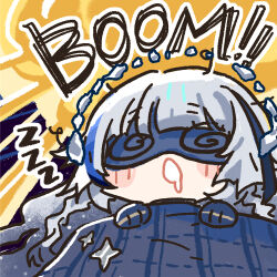 Rule 34 | 1girl, blanket, blue hair, chibi, chibi only, chinese commentary, cui pi zha xia qiu, darkstar hubble (neural cloud), explosion, eye mask, girls&#039; frontline, girls&#039; frontline neural cloud, grey hair, hubble (neural cloud), long hair, official art, saliva, second-party source, sleeping, solo, under covers, zzz