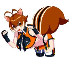 1girl animal_ears bare_shoulders blazblue breasts brown_eyes brown_hair deamonnet1567 fingerless_gloves gloves large_breasts makoto_nanaya microskirt short_hair skirt sleeveless squirrel_ears squirrel_tail tail teeth underboob upper_teeth_only white_background