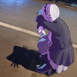 1girl braid cat_shadow_puppet facing_away grey_hair inglebard kirifuji_nozomi meme photo_background road shadow skirt solo squatting street the_hundred_line_-last_defense_academy-