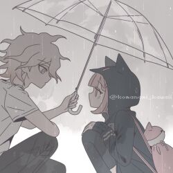 1boy 1girl :o animal_bag animal_ears black_jacket black_pants black_thighhighs brown_hair cat_bag danganronpa_(series) danganronpa_2:_goodbye_despair fake_animal_ears from_side grey_background grey_eyes grey_hair hood hood_up hooded_jacket jacket komaeda_nagito komanami_kawaii long_sleeves messy_hair nanami_chiaki no_jacket outdoors pants pink_bag pink_eyes profile rain short_sleeves spaceship_hair_ornament thighhighs