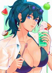 Rule 34 | 1girl, blue eyes, blue hair, breasts, cleavage, commentary, cup, earrings, eyewear on head, female byleth (fire emblem), fire emblem, fire emblem: three houses, highres, holding, holding cup, jewelry, large breasts, looking at viewer, nintendo, open clothes, radiostarkiller, see-through clothes, see-through shirt, shirt, smile, symbol-only commentary, upper body, white shirt