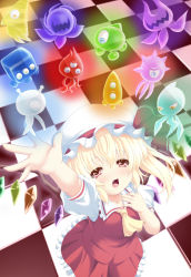 1girl arm_up blonde_hair blush checkered_floor dress fang flandre_scarlet hat looking_at_viewer multicolored_wings open_mouth reaching reaching_towards_viewer red_eyes side_ponytail smile sonic_(series) sonic_colors sonic_the_hedgehog touhou wings wisp_(sonic) wontam