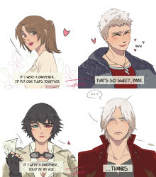 ... 2boys 2girls beard_stubble black_gloves black_nails blue_jacket blush brown_eyes brown_hair closed_eyes coat dante_(devil_may_cry) devil_may_cry_(series) devil_may_cry_5 facial_hair fingerless_gloves gloves goggles goggles_around_neck green_eyes heart heterochromia highres jacket jewelry jumpoon kyrie_(devil_may_cry) lady_(devil_may_cry) long_hair multiple_boys multiple_girls nail_polish necklace nero_(devil_may_cry) open_mouth ponytail red_coat red_eyes red_shirt scar scar_on_face scar_on_nose shirt simple_background smile stubble sweatdrop white_background white_hair white_jacket