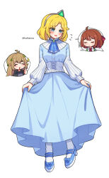 3girls ahoge ascot black_cloak blonde_hair blood blood_from_mouth blue_ascot blue_bow blue_dress blue_eyes blue_shoes bow brooch brown_hair cloak closed_eyes closed_mouth dress flying_sweatdrops footwear_bow full_body future_knight future_princess green_brooch guardian_tales haihaiera hair_bow highres image_in_speech_bubble innkeeper_loraine jewelry long_hair long_sleeves motion_lines multiple_girls open_mouth red_bow shirt shoes short_hair simple_background skirt_hold smile solo_focus sparkle speech_bubble striped_sleeves sweatdrop thumbs_up tiara twitter_username wavy_mouth white_background white_shirt