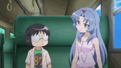 10s 1boy 1girl animated animated_gif blue_eyes blue_hair bouncing_breasts breasts glasses grabbing_another&#039;s_breast groping hetero kotoura-san mifune_yuriko muroto_daichi o3o opaque_glasses
