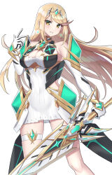 1girl aegis_sword_(xenoblade) bare_legs bare_shoulders blonde_hair breasts chest_jewel cleavage cleavage_cutout clothing_cutout commentary_request dress earrings elbow_gloves gloves highres jewelry large_breasts long_hair mythra_(xenoblade) shinae short_dress solo swept_bangs thigh_strap tiara very_long_hair white_dress white_gloves xenoblade_chronicles_(series) xenoblade_chronicles_2 yellow_eyes